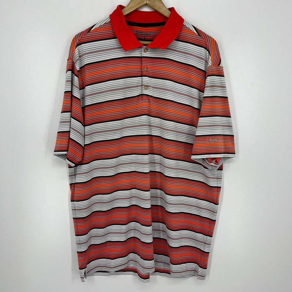 Nike Golf Tour Performance Mens Large Red Orange Striped Dri-FIT Polo Collared